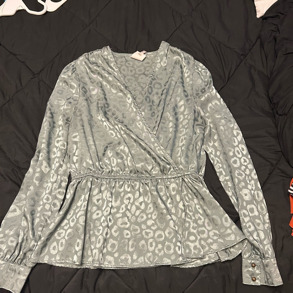 Elegant Sage Green Leopard Print Wrap Top